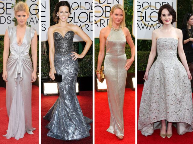 SØLVSKIMRENDE STJERNER: Kate Mara, Kate Beckinsale, Naomi Watts og Michelle Dockery hadde alt valgt metalliske kjoler til søndagens prisutdeling. Foto: All Over Press SØLVSKIMRENDE STJERNER: Kate Mara, Kate Beckinsale, Naomi Watts og Michelle Dockery hadde alt valgt metalliske kjoler til søndagens prisutdeling. Foto: All Over Press